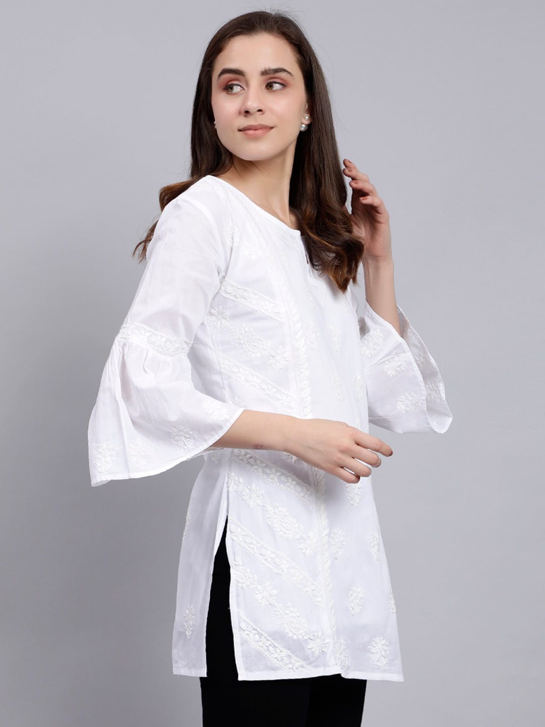 White Cotton Chikankari Embroidered Tunic Top