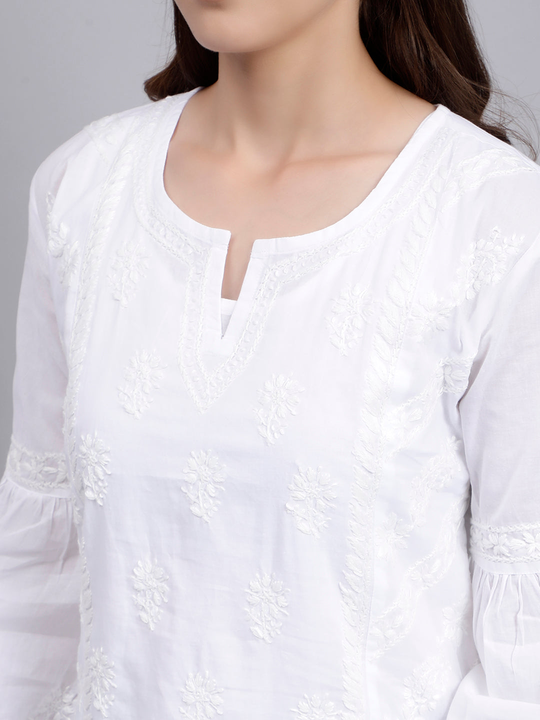 White Cotton Chikankari Embroidered Tunic Top