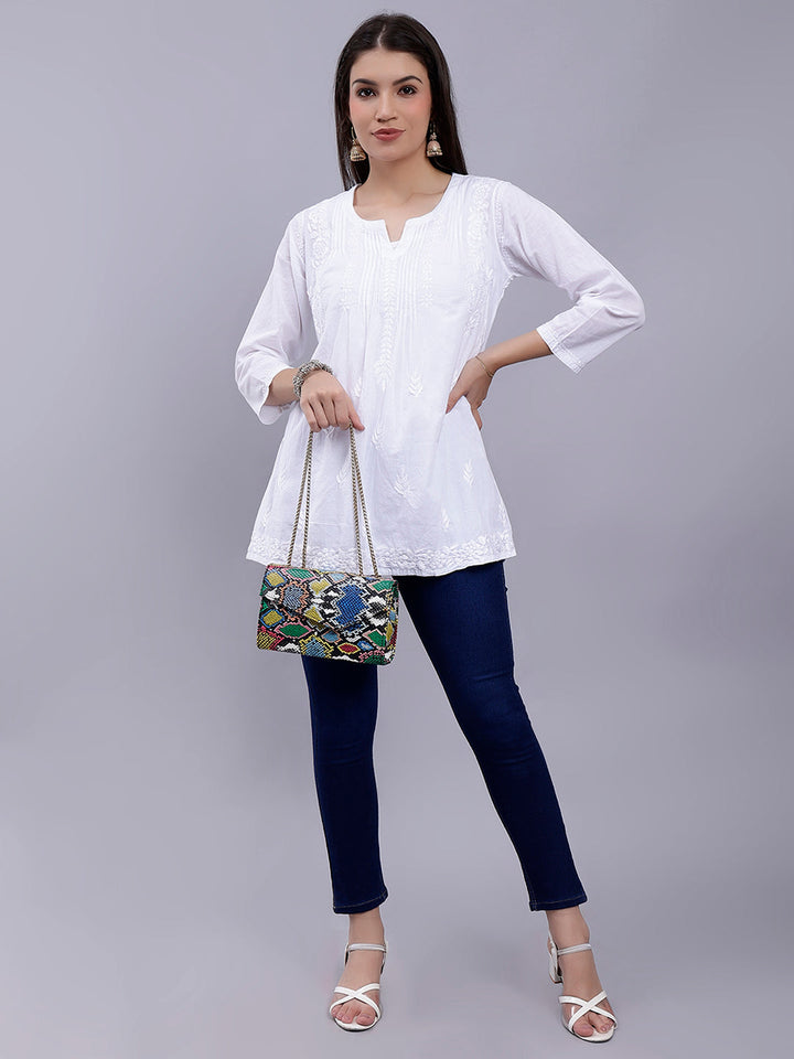 White Cotton Chikankari Embroidered Tunic Top