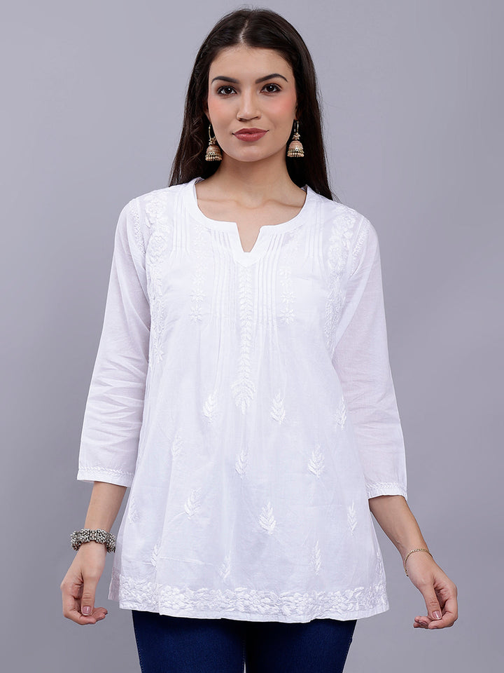 White Cotton Chikankari Embroidered Tunic Top