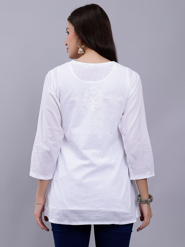 White Cotton Chikankari Embroidered Tunic Top