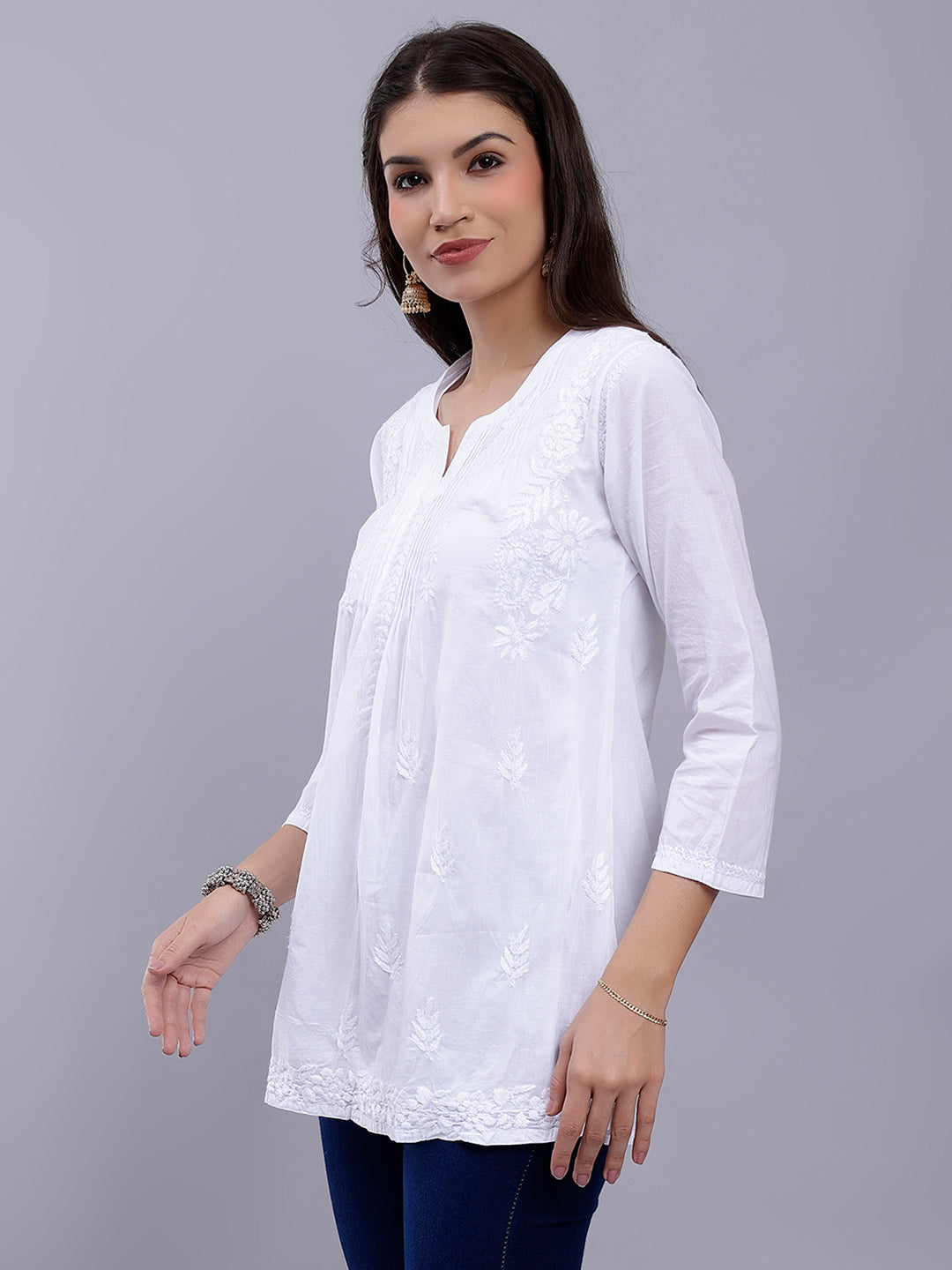 White Cotton Chikankari Embroidered Tunic Top