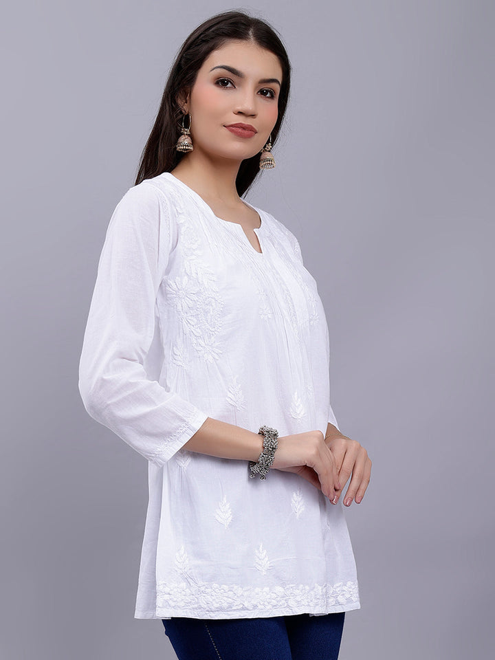 White Cotton Chikankari Embroidered Tunic Top