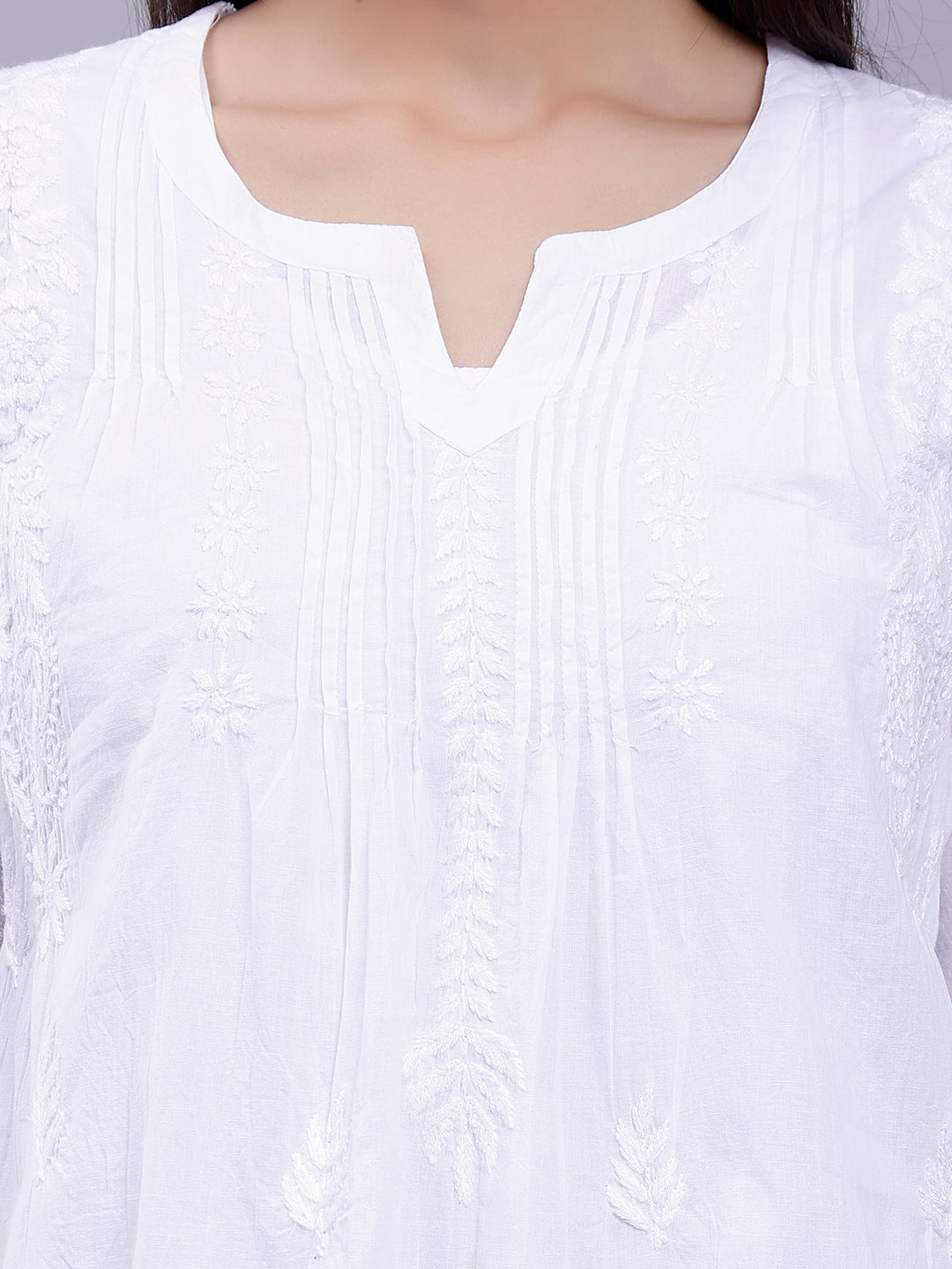 White Cotton Chikankari Embroidered Tunic Top