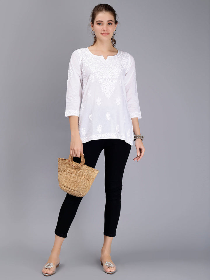 White Cotton Chikankari Ethnic Tunic Top