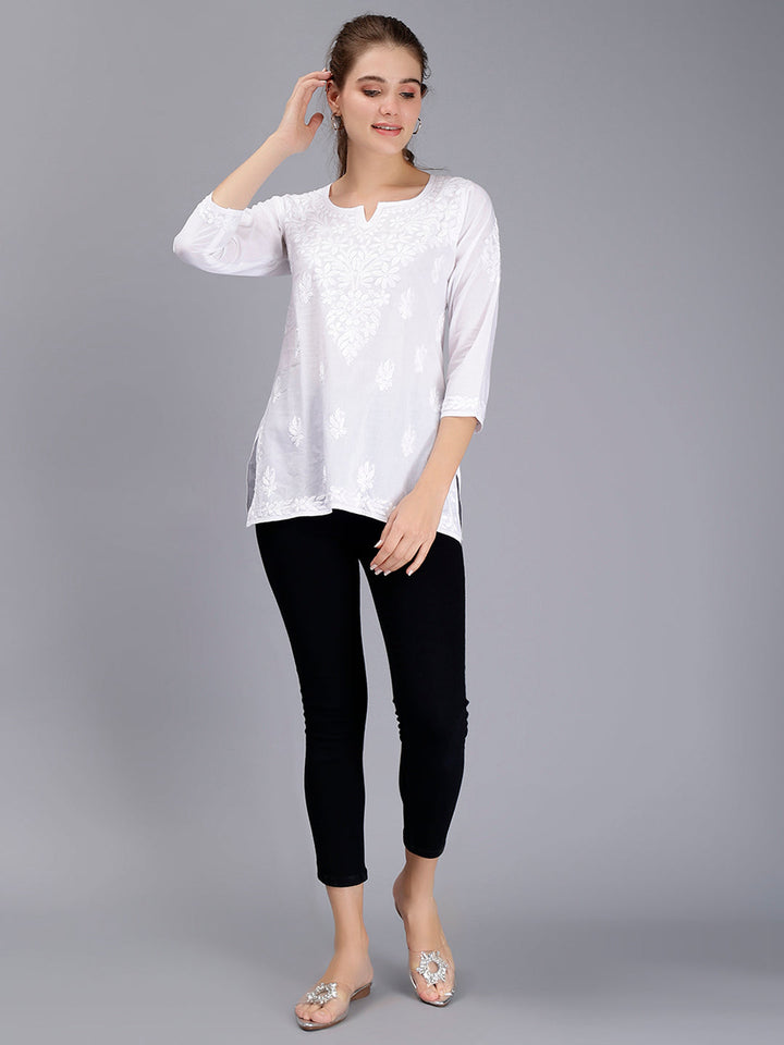 White Cotton Chikankari Ethnic Tunic Top