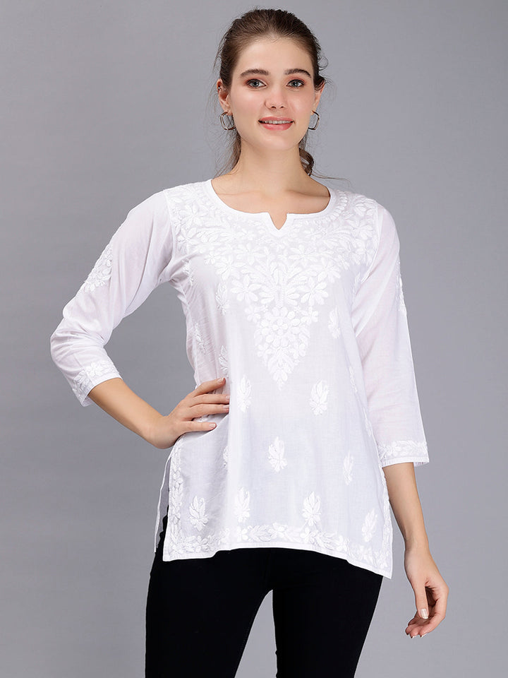 White Cotton Chikankari Ethnic Tunic Top