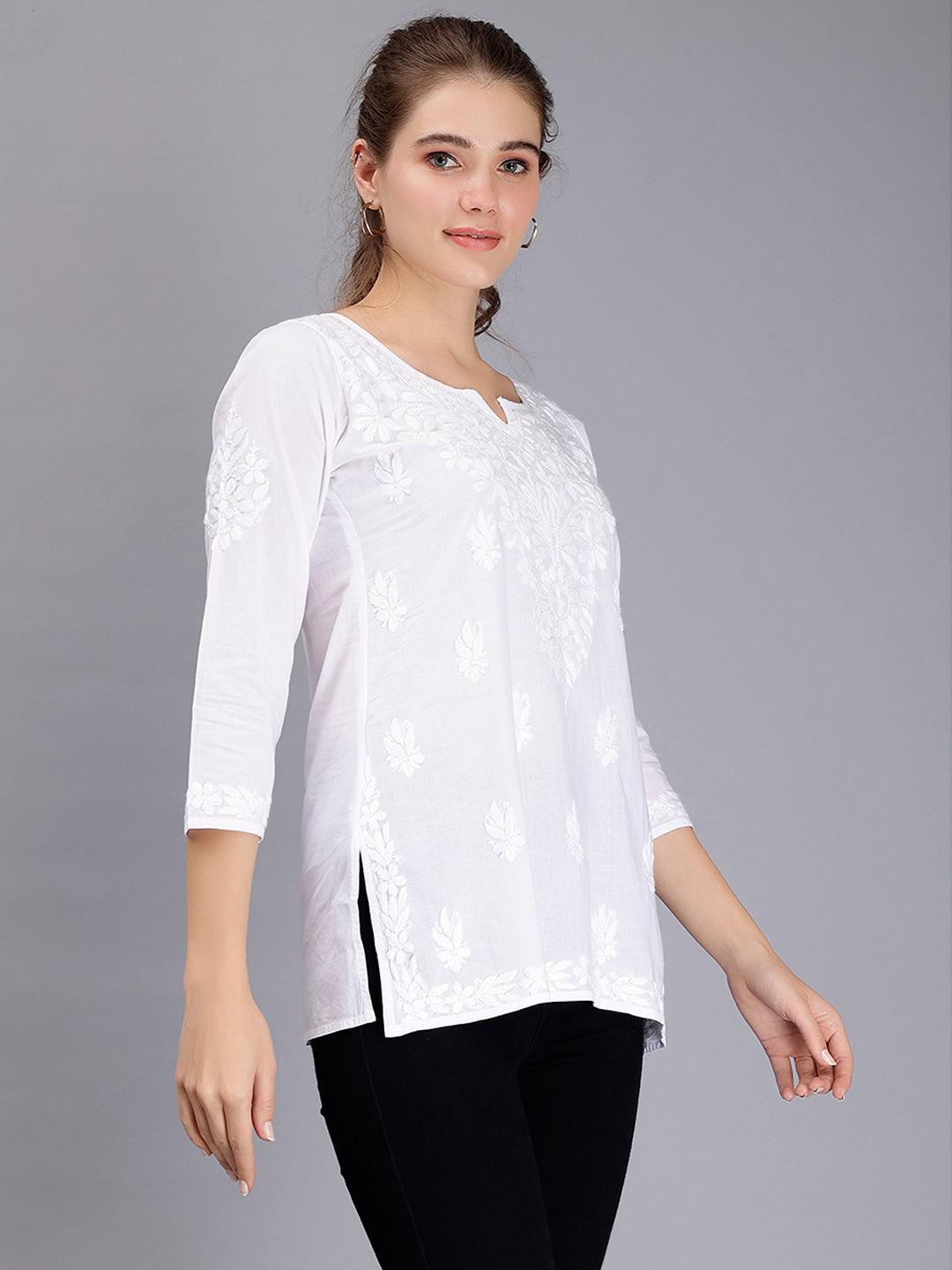 White Cotton Chikankari Ethnic Tunic Top