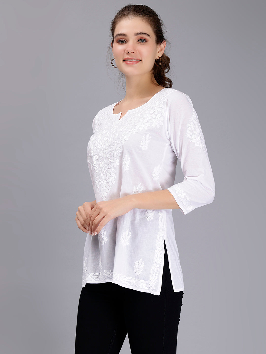 White Cotton Chikankari Ethnic Tunic Top