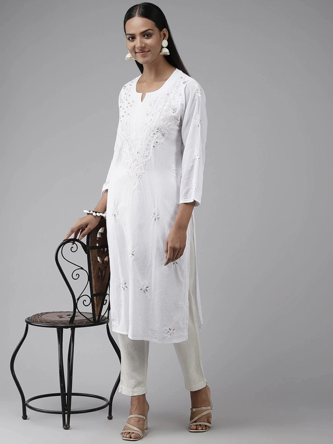 White-Cotton-Embroidery-Chikan-Kurta-Only