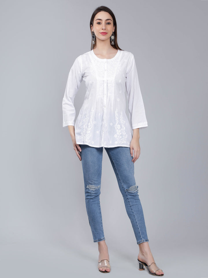 White Cotton Front Knife Pleated Peplum Top