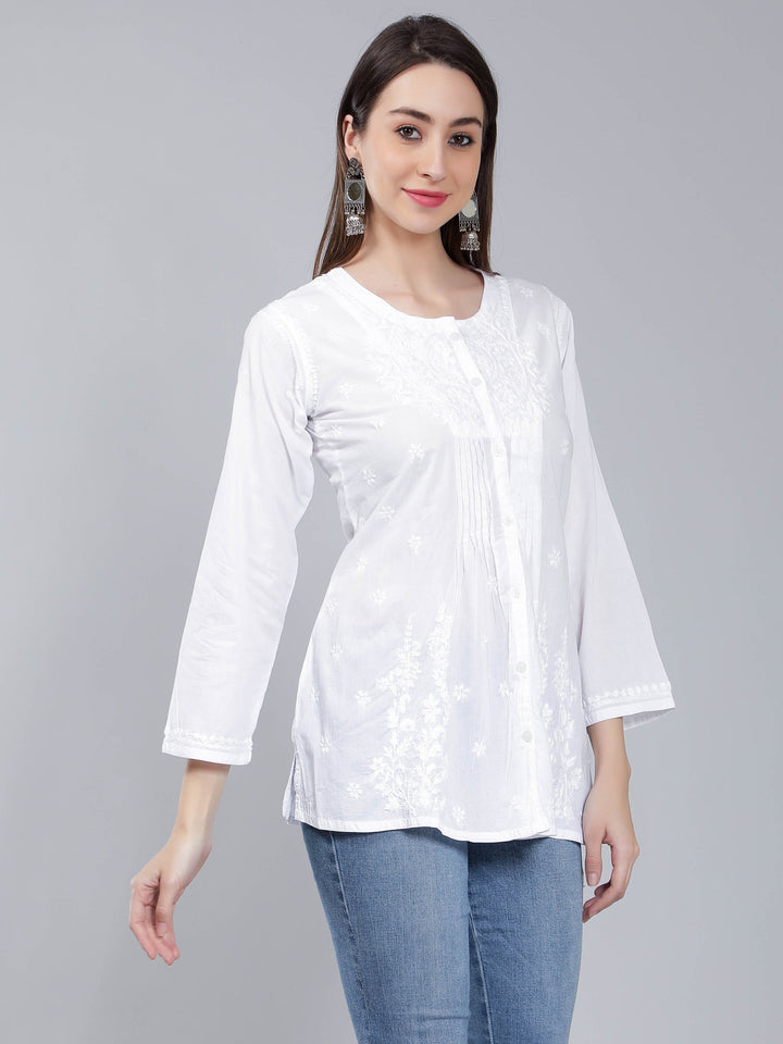 White Cotton Front Knife Pleated Peplum Top
