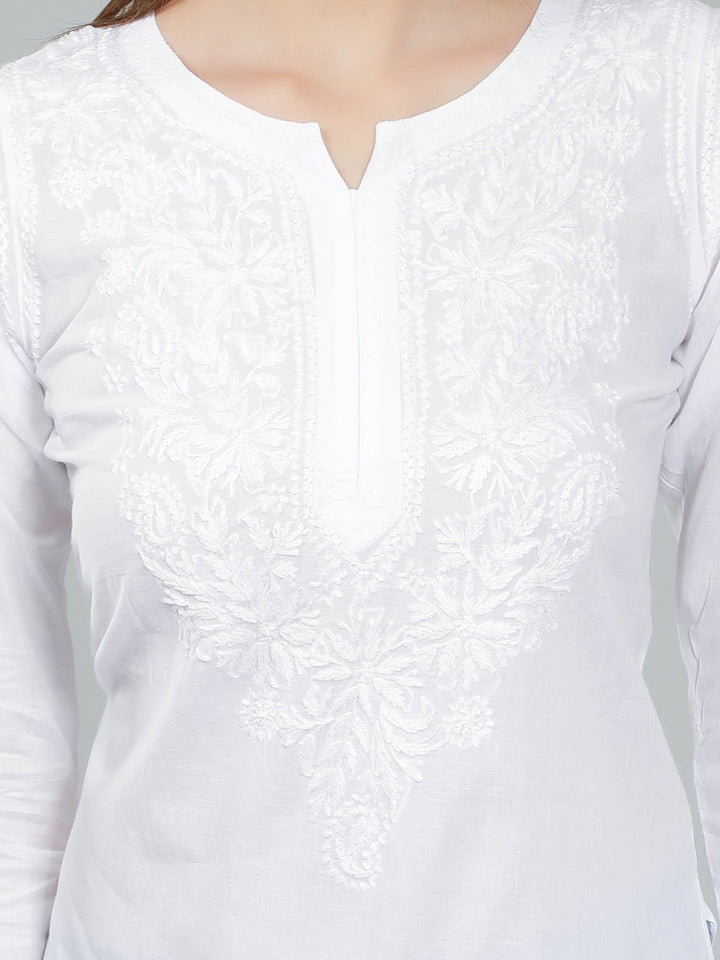 White Cotton Kashmiri Chikankari Tunic Top