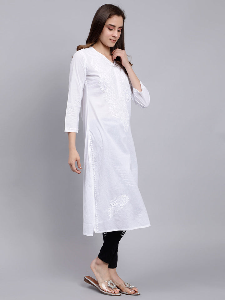 White Cotton Lucknowi Chikankari Kurta With Pant  Set