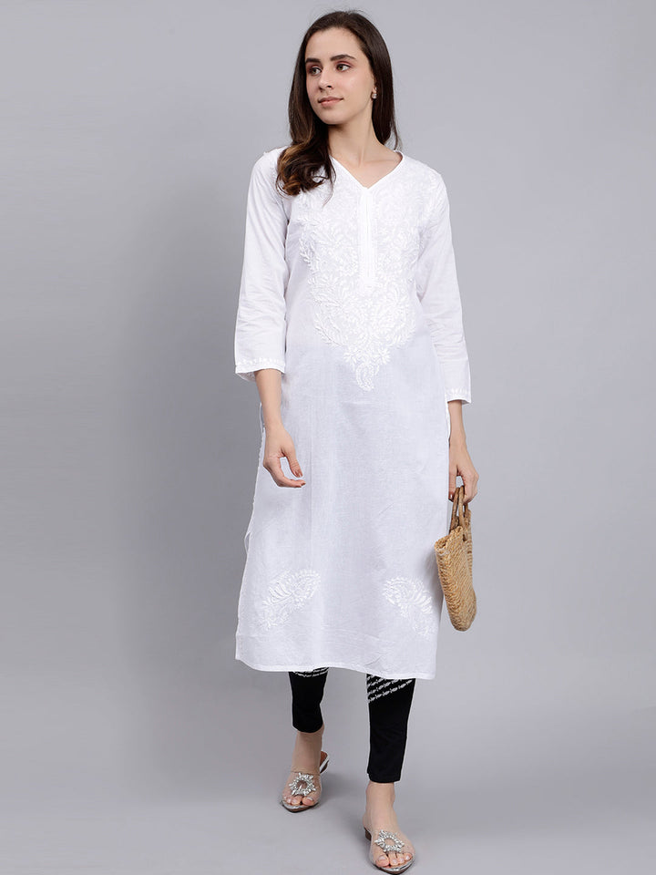 White Cotton Lucknowi Chikankari Kurta With Pant  Set