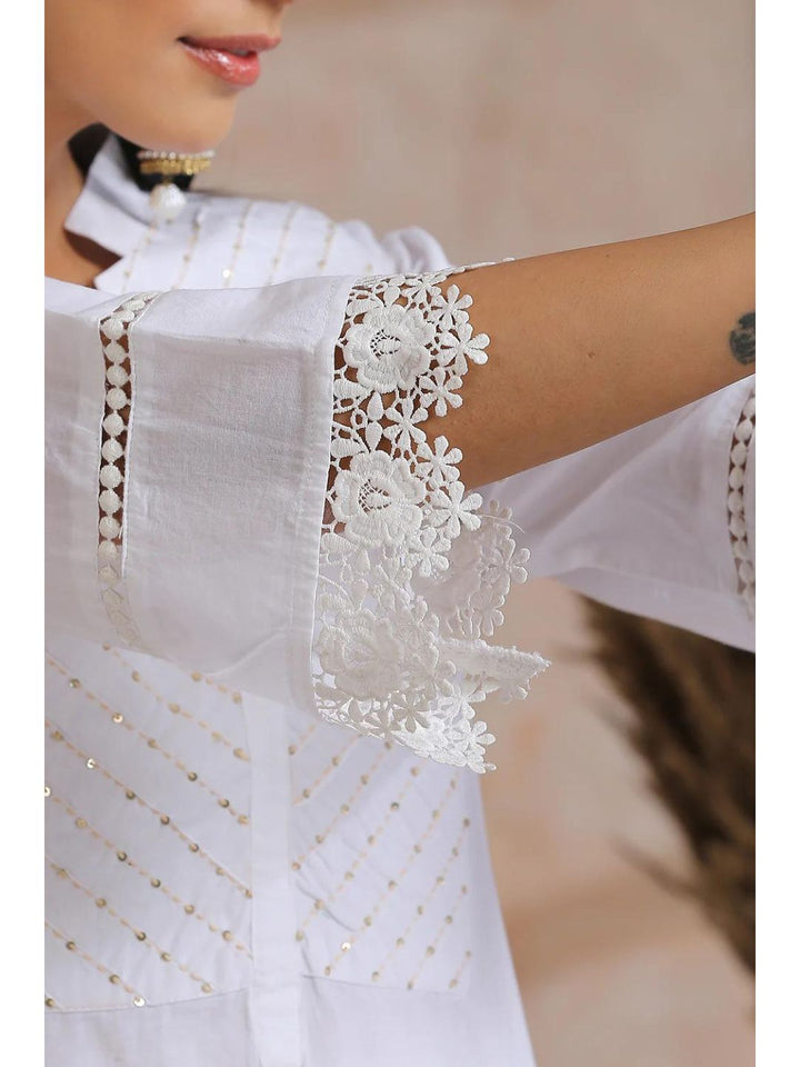 White Cotton Straight Kurta with Lace Cuffs