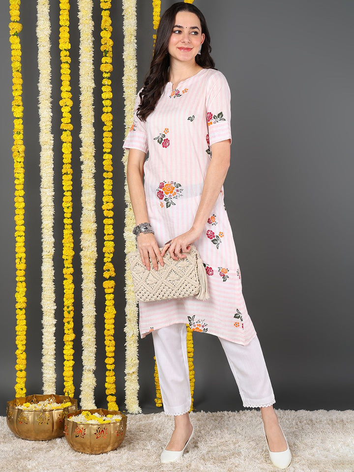 White Cotton Striped Printed A-Line Kurta