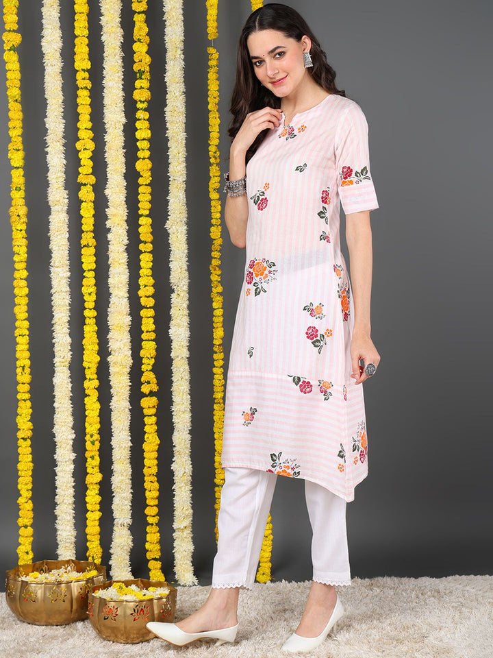 White Cotton Striped Printed A-Line Kurta