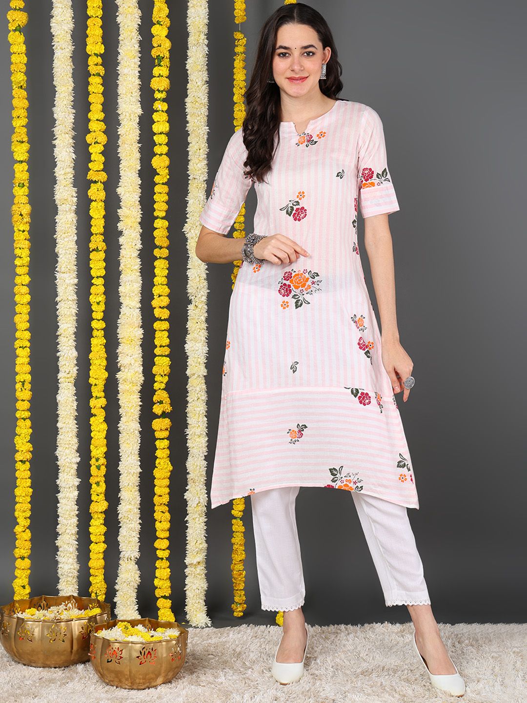 White Cotton Striped Printed A-Line Kurta