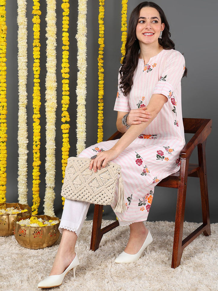 White Cotton Striped Printed A-Line Kurta