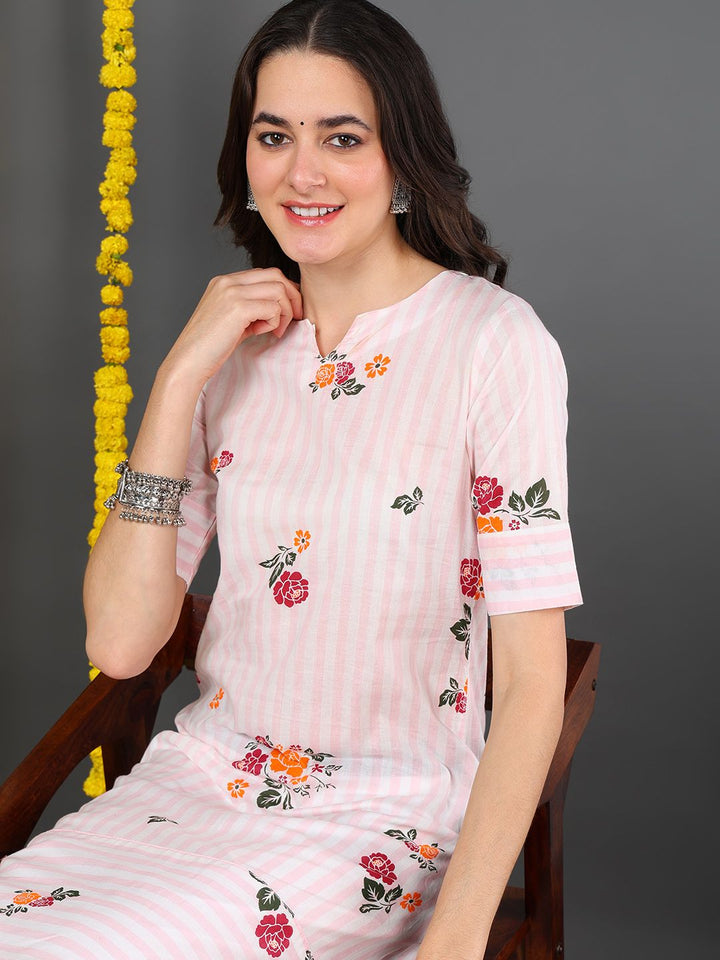 White Cotton Striped Printed A-Line Kurta