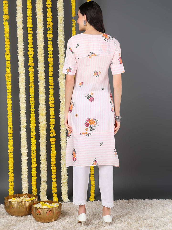 White Cotton Striped Printed A-Line Kurta