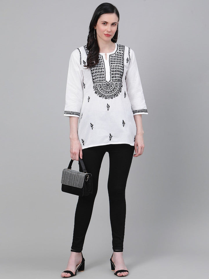 White Cotton Tunic Top with Black Embroidery
