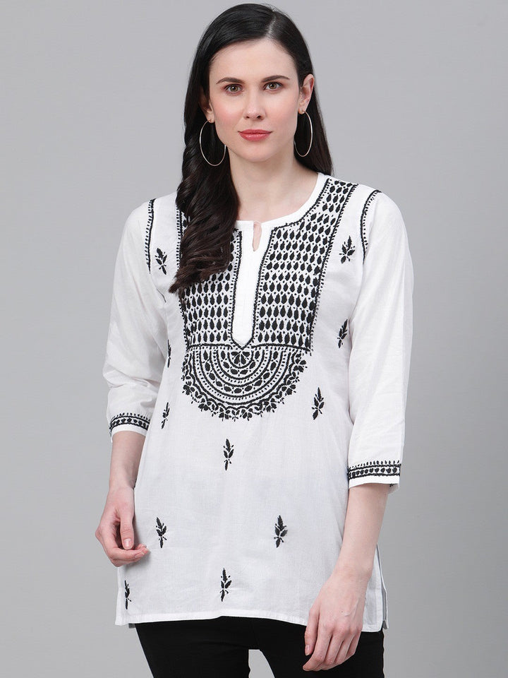 White Cotton Tunic Top with Black Embroidery