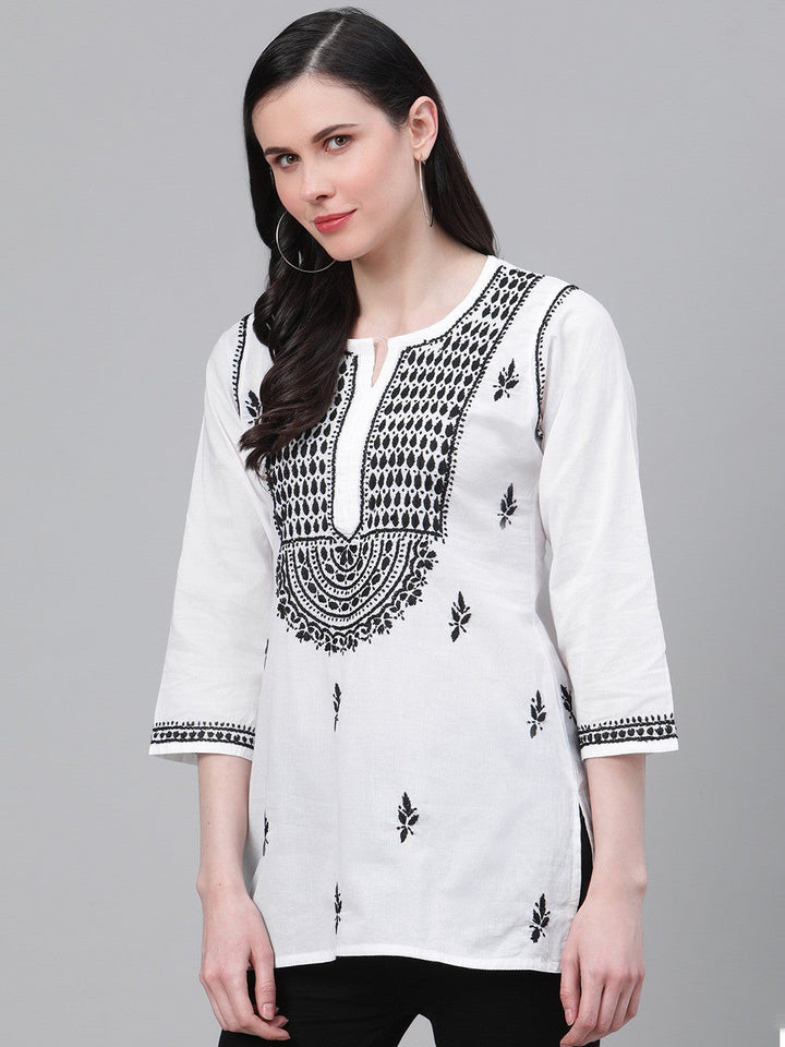 White Cotton Tunic Top with Black Embroidery