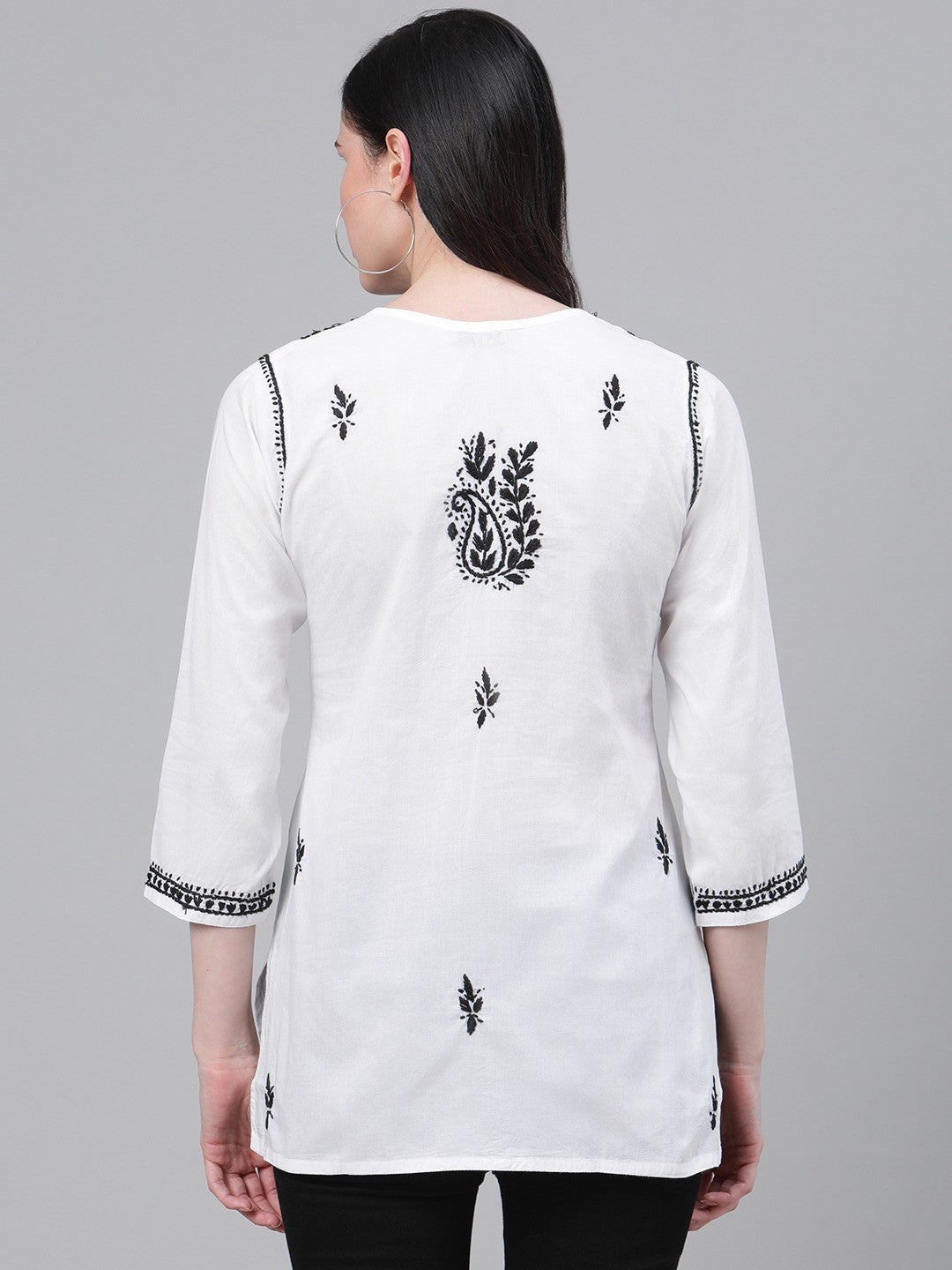 White Cotton Tunic Top with Black Embroidery