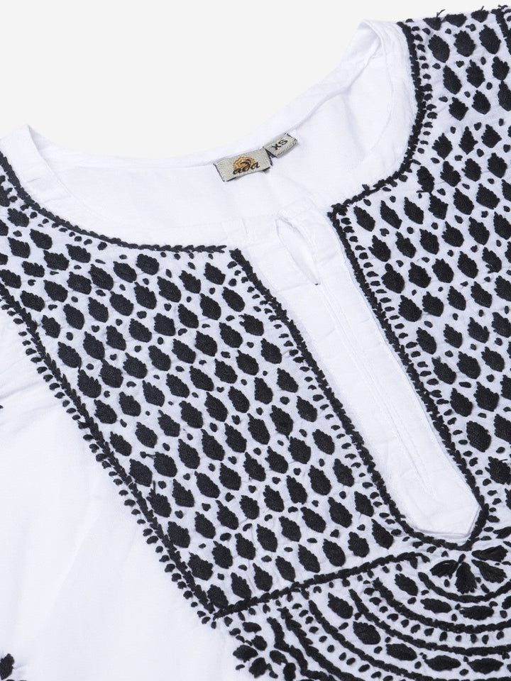 White Cotton Tunic Top with Black Embroidery