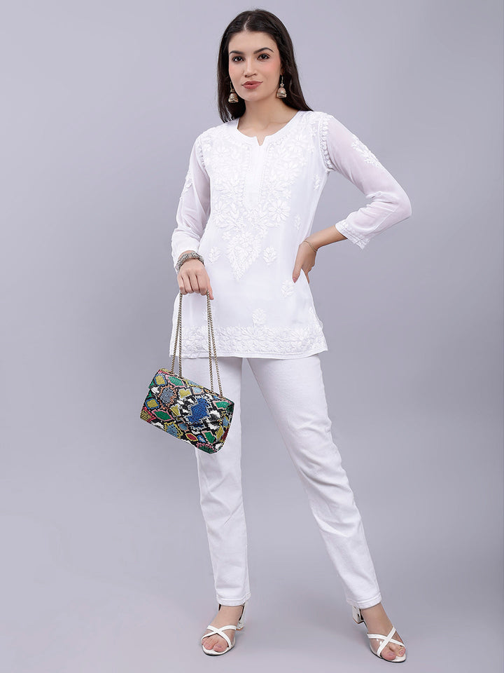 White Crepe Chikankari Embroidered Tunic Top With Slip