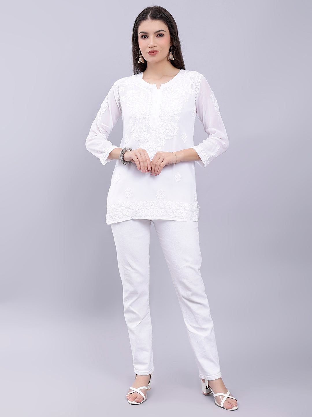 White Crepe Chikankari Embroidered Tunic Top With Slip