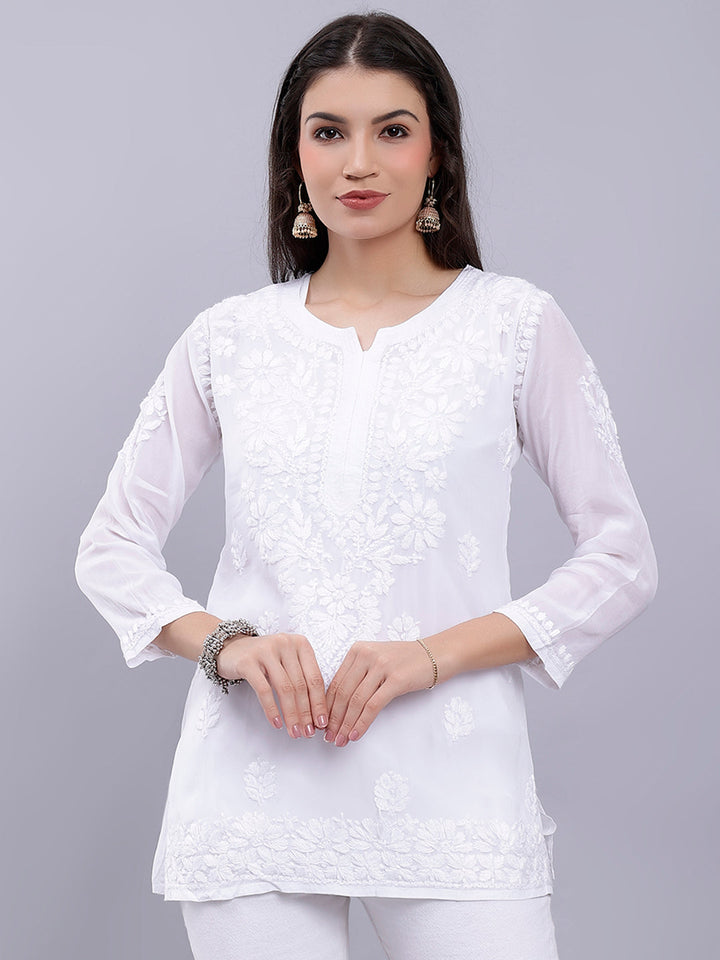 White Crepe Chikankari Embroidered Tunic Top With Slip