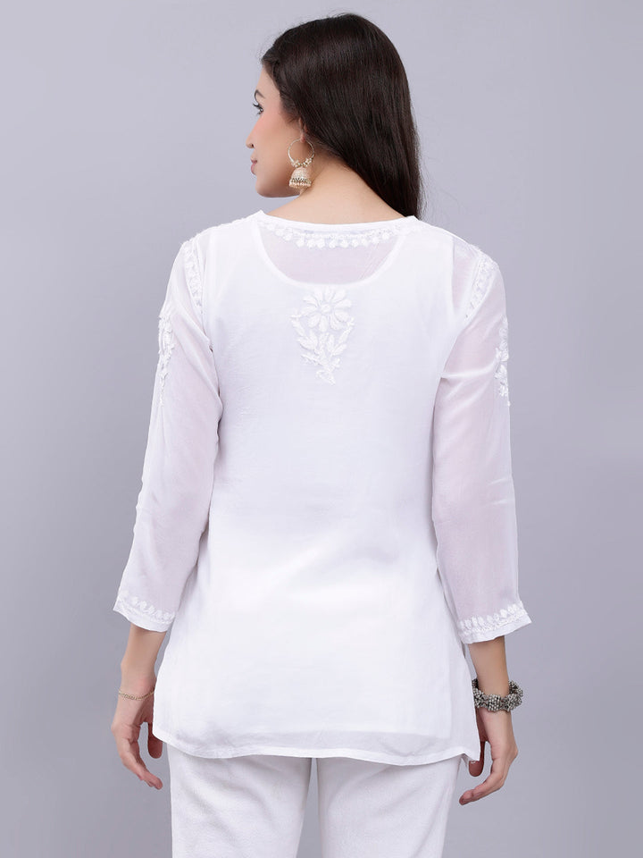 White Crepe Chikankari Embroidered Tunic Top With Slip