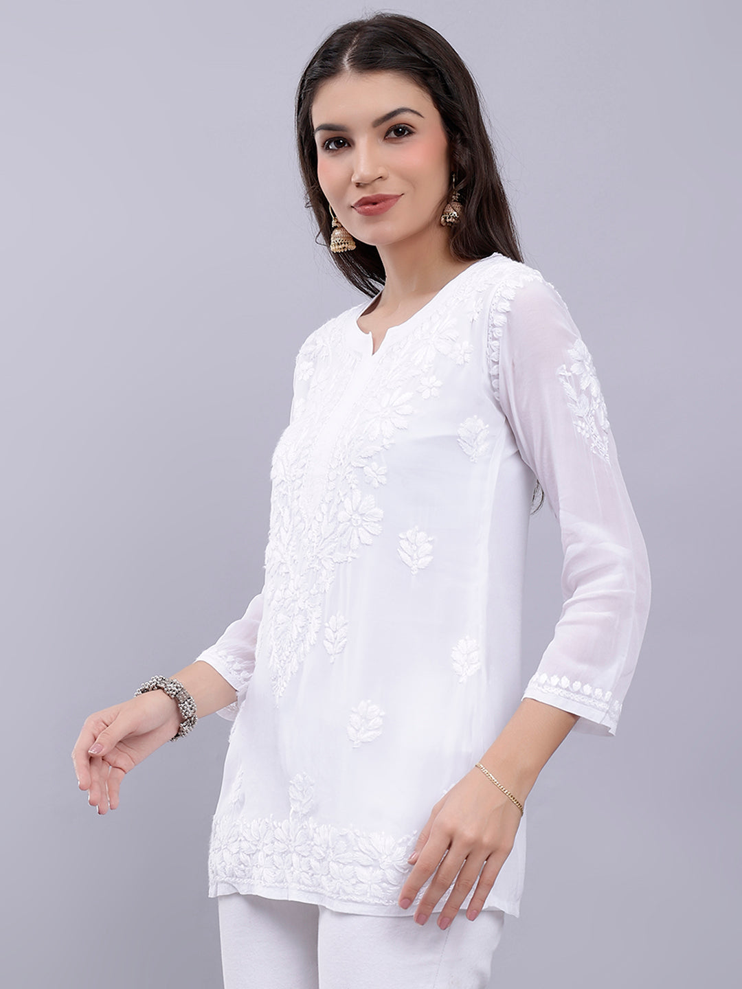 White Crepe Chikankari Embroidered Tunic Top With Slip