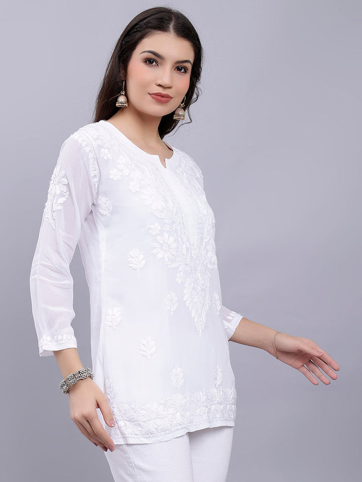 White Crepe Chikankari Embroidered Tunic Top With Slip