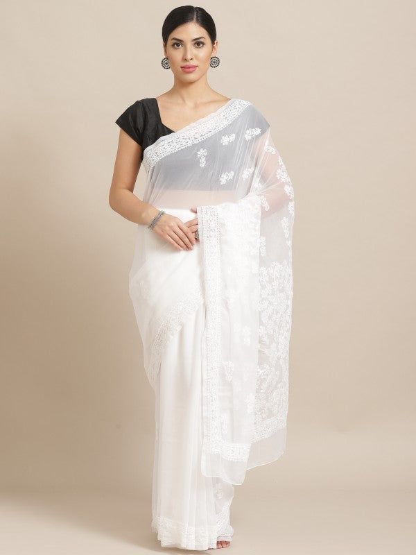 White-Embroidered-Chikan-Saree-With-Blouse