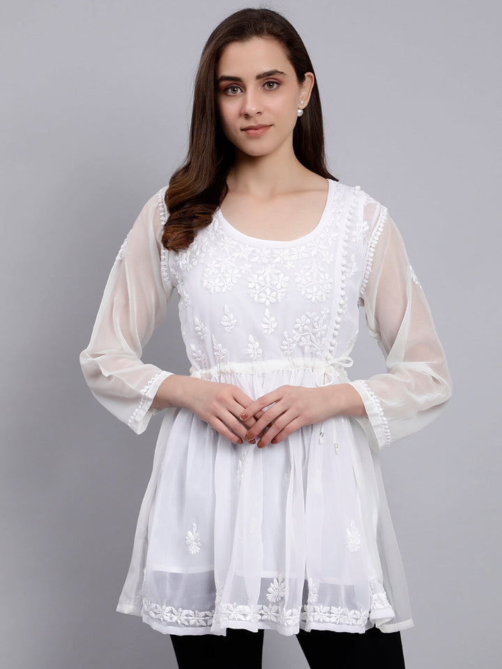 White Georgette Angarkha Chikankari Tunic Top With Slip