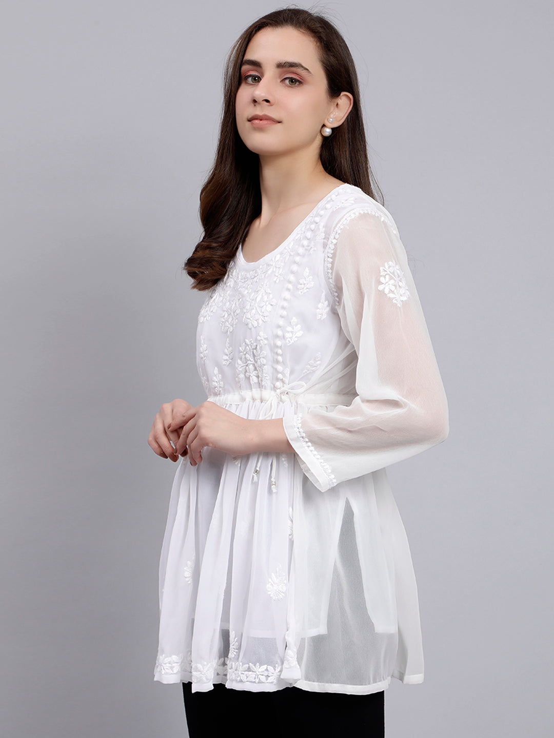 White Georgette Angarkha Chikankari Tunic Top With Slip