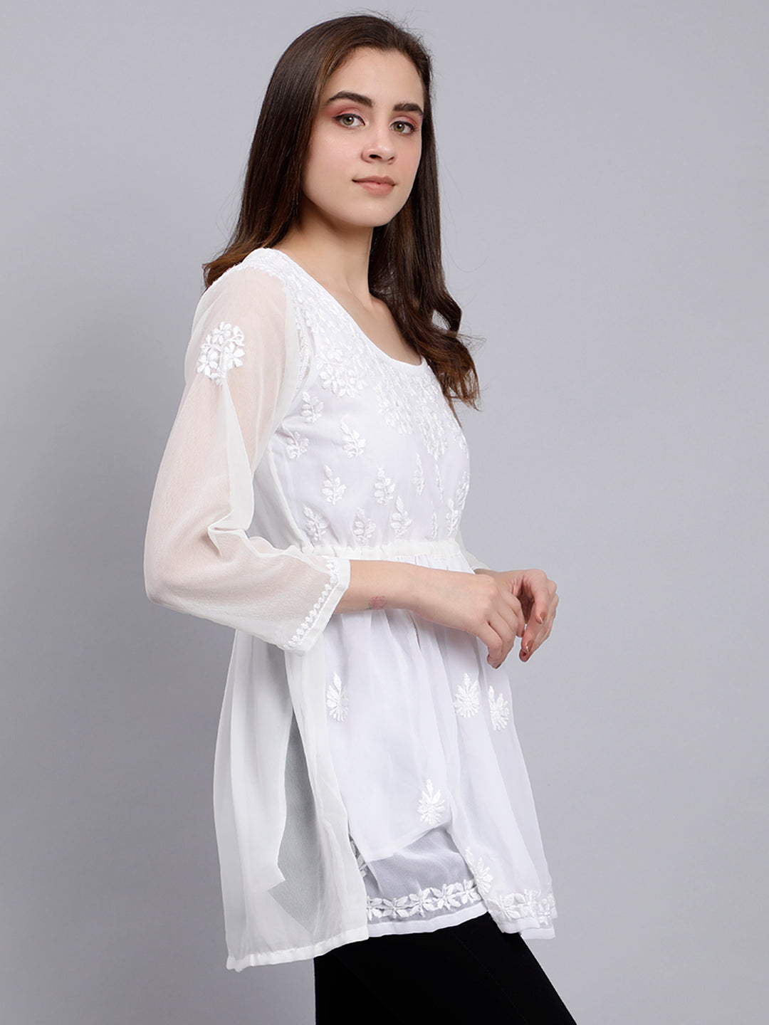 White Georgette Angarkha Chikankari Tunic Top With Slip