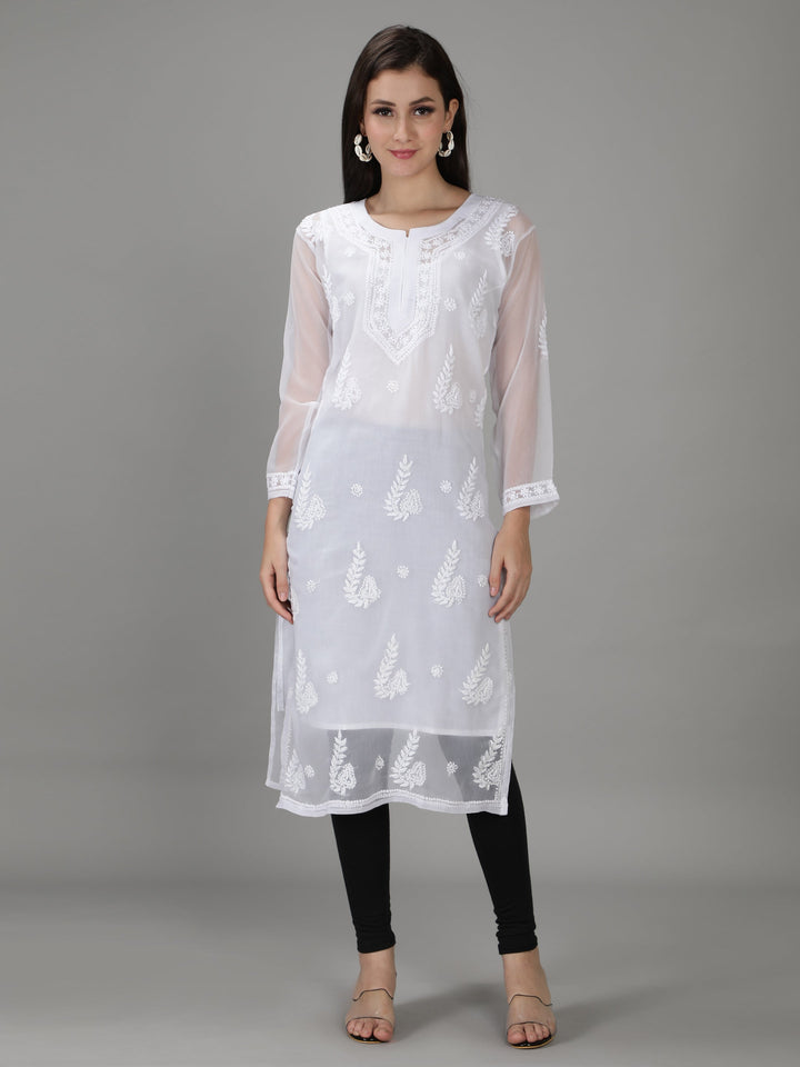 White Georgette Chikan Kurta & Inner Slip