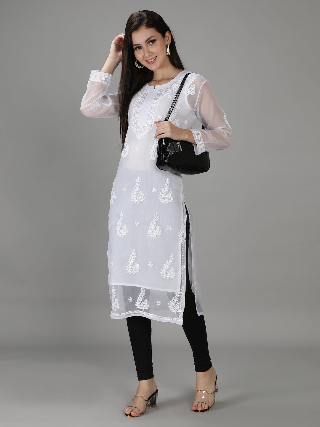 White Georgette Chikan Kurta & Inner Slip