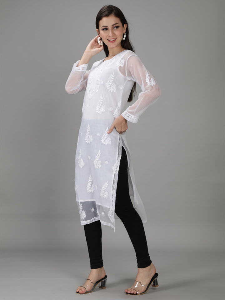 White Georgette Chikan Kurta & Inner Slip