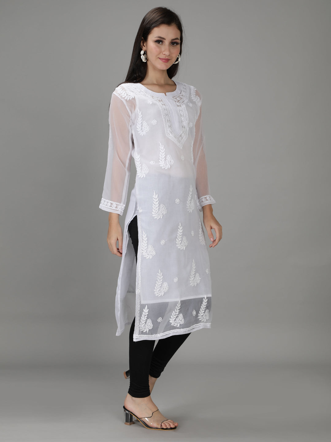 White Georgette Chikan Kurta & Inner Slip