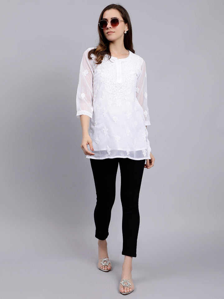 White Georgette Chikankari Tunic Top With Inner Slip