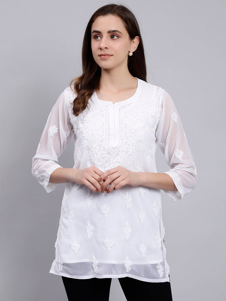 White Georgette Chikankari Tunic Top With Inner Slip