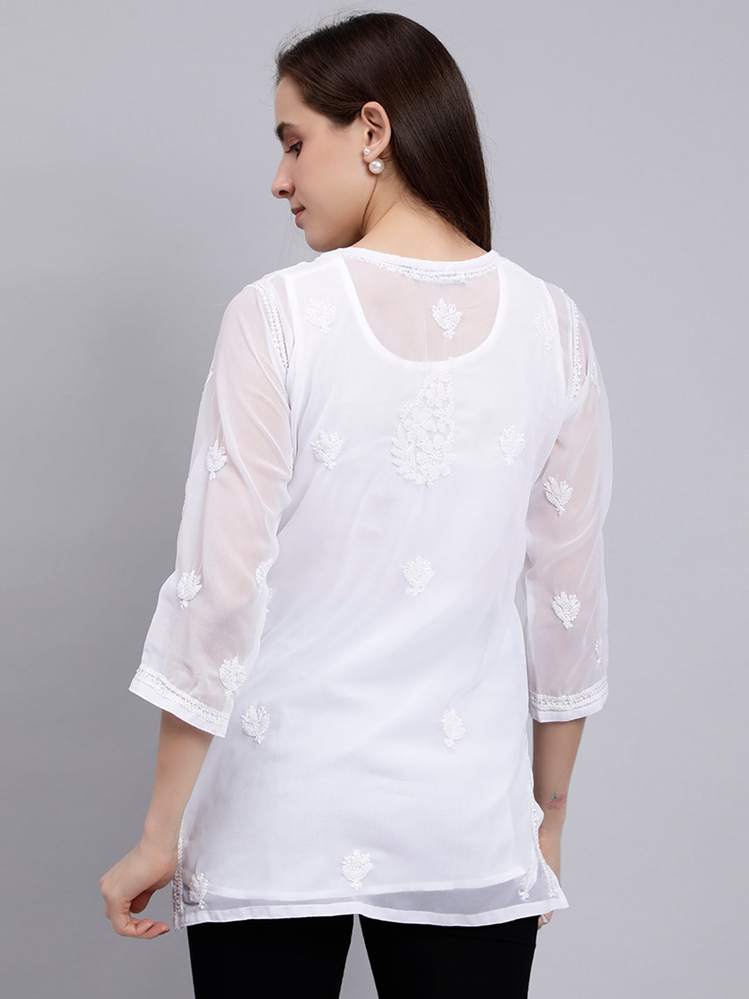 White Georgette Chikankari Tunic Top With Inner Slip