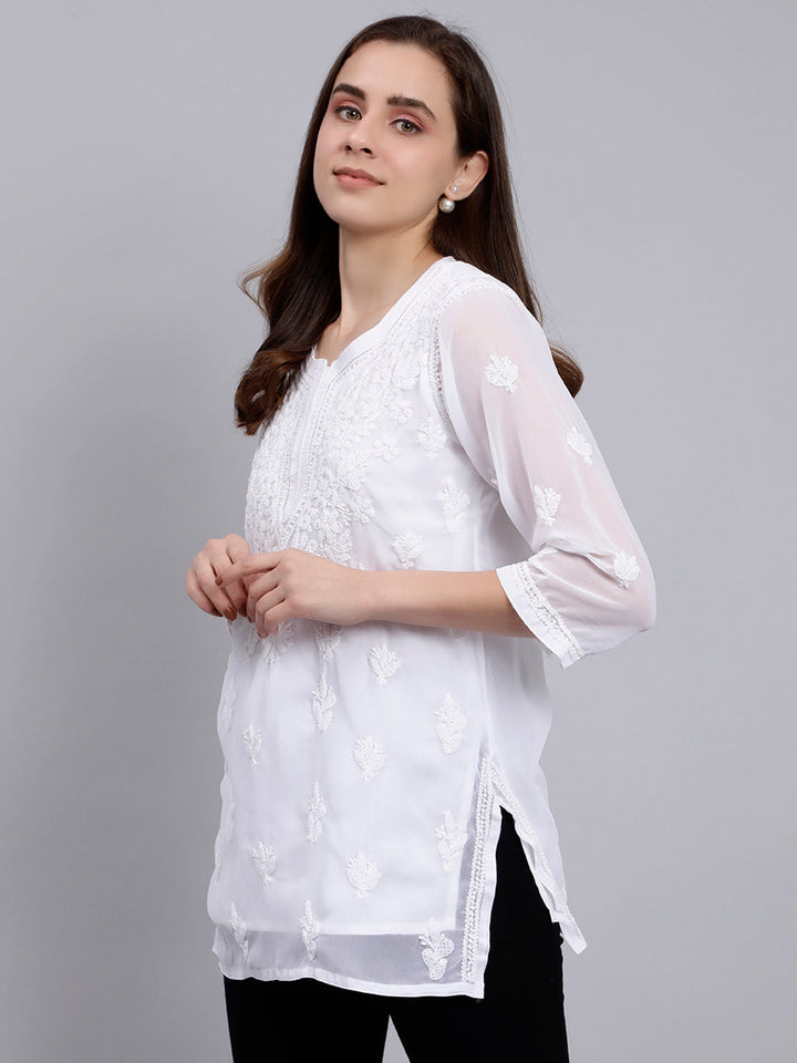 White Georgette Chikankari Tunic Top With Inner Slip