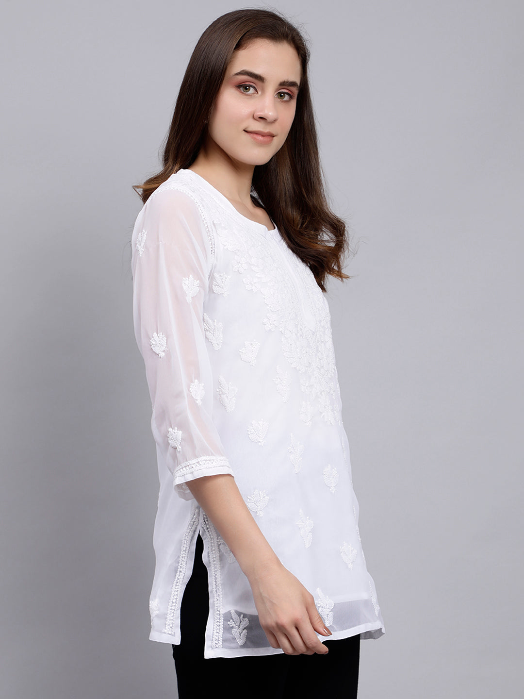 White Georgette Chikankari Tunic Top With Inner Slip